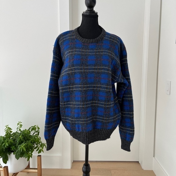 LEO CHEVALIER Vintage Wool Plaid Crew Neck Pullover Grandpa Sweater Unisex - Picture 4 of 15
